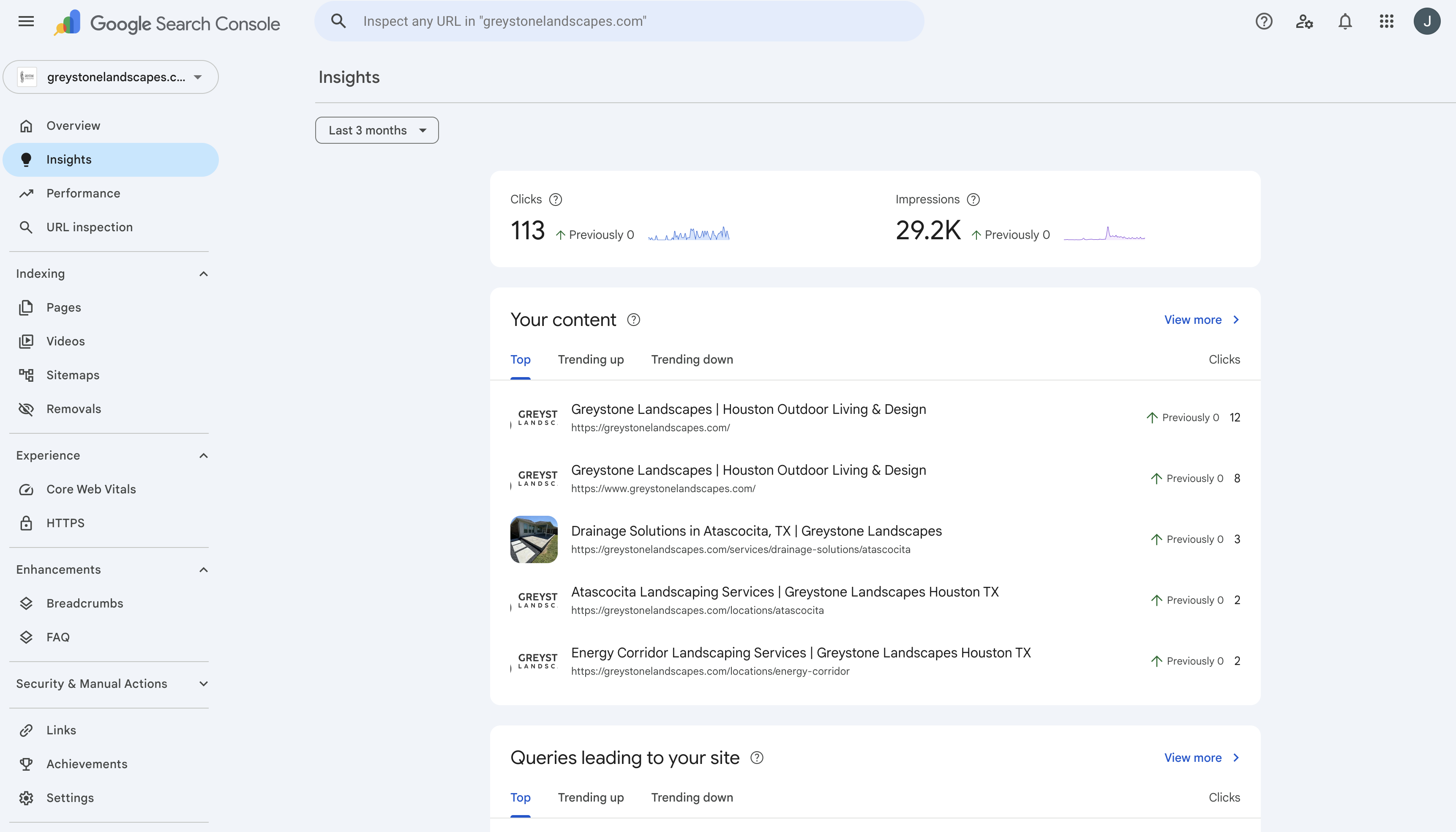 Google Search Console — 29.2K impressions and 113 clicks from organic search