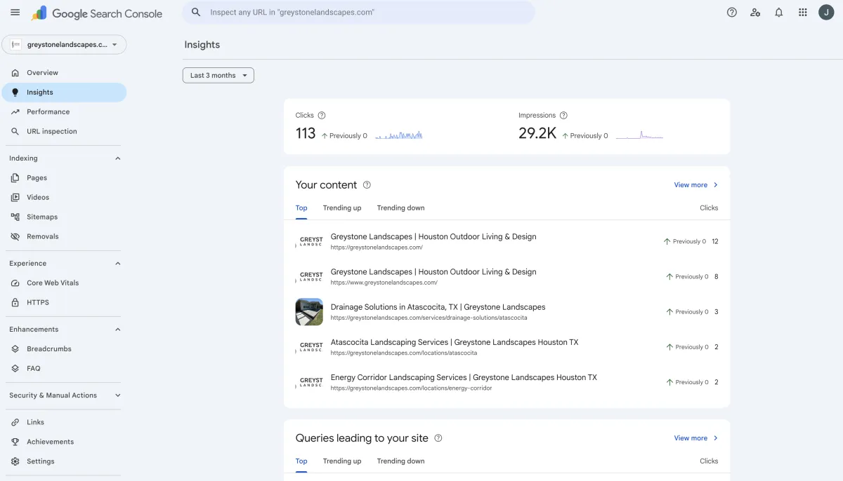 Google Search Console — 29.2K impressions and 113 clicks from organic search